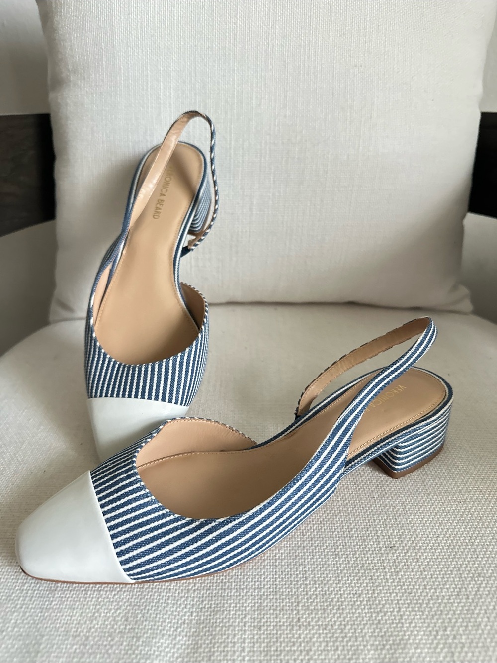 Veronica Beard Blue & White Striped Slingback Low Heel